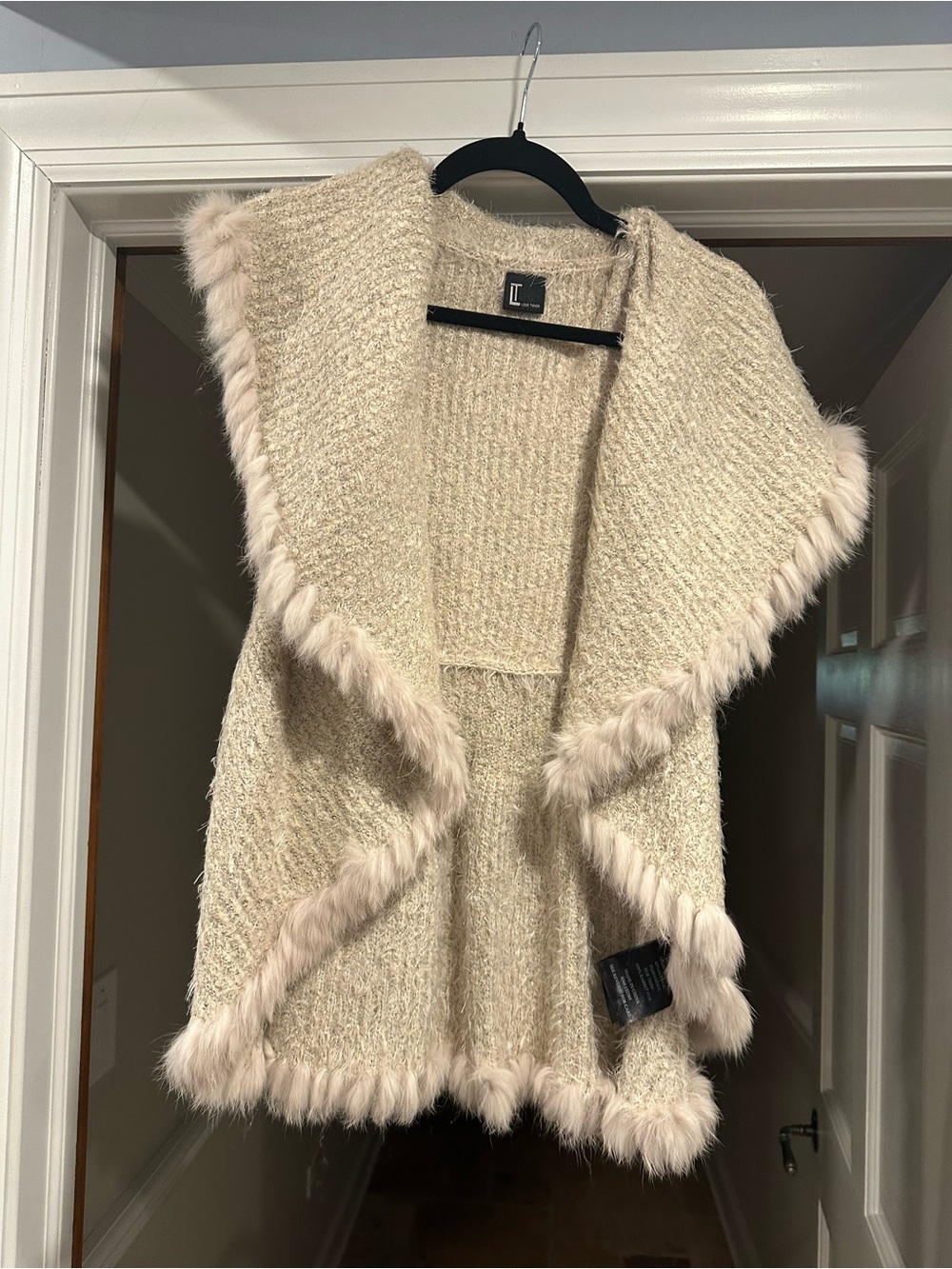 Love Token Cream Faux-Fur Trim Open Front Shrug